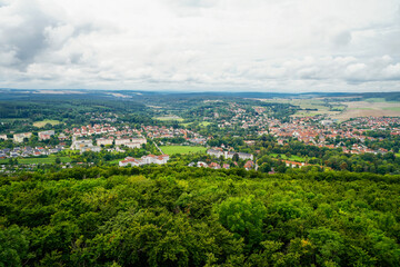 Fototapeta premium View from the Paulinenturm tower near Bad Berka overlooking the surrounding landscape. The town's old observation tower. 