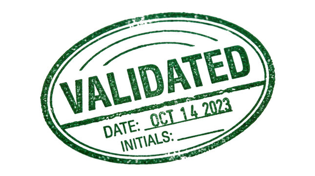 A vibrant green distressed rubber stamp graphic featuring the word VALIDATED the date October 14 2023 and space for initials on a stark black backgrou