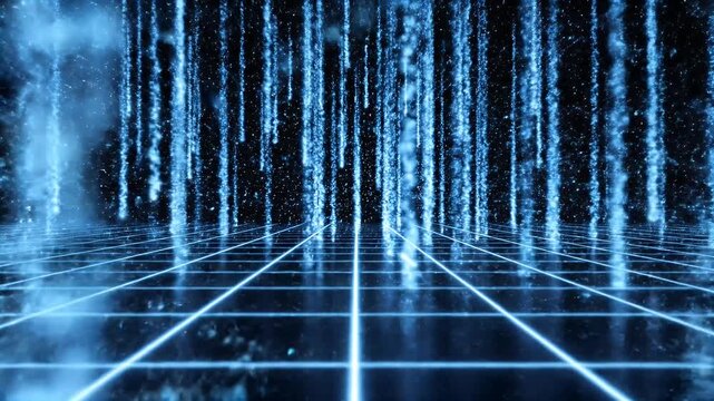 Blue light streaks fall from above onto a glowing grid floor
