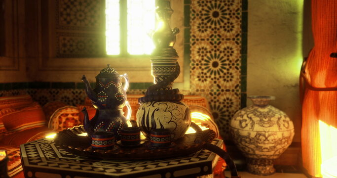 A beautifully arranged Moroccan tea set sits atop an ornate table, surrounded by intricate tile work and gentle sunlight pouring in, creating a warm and inviting atmosphere.