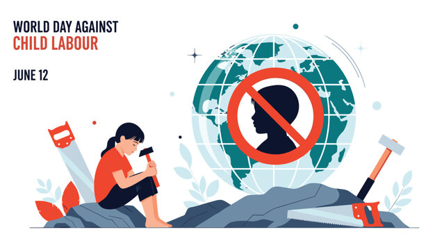 World day against child labour banner with a sad child sitting on rocks and a prohibited child icon over a world globe.