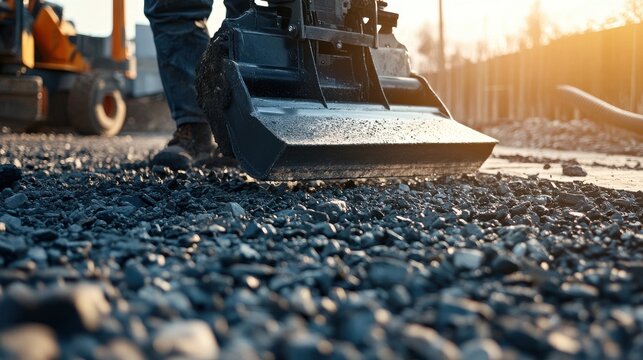 Vibratory plate compactor compacting gravel on a construction site