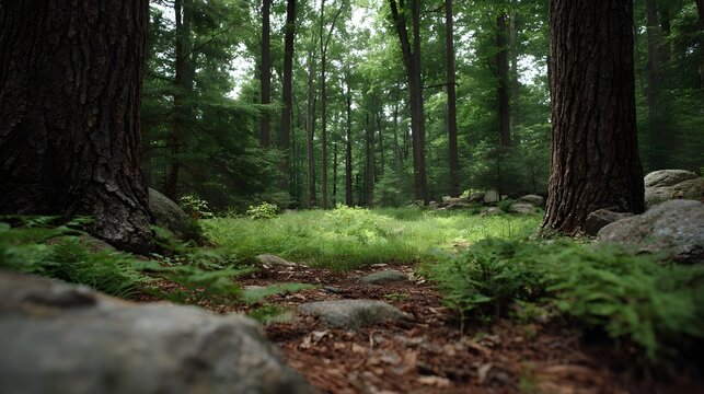 A sunlit forest path invites explo n through lush green woods and d d light