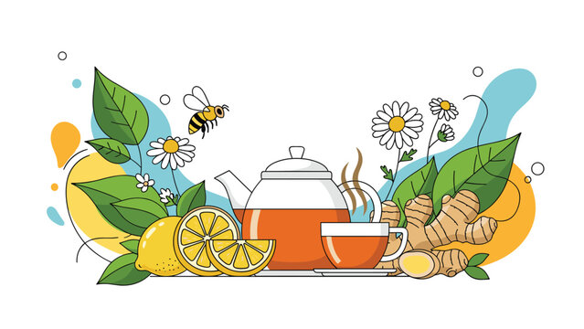 Relaxing herbal tea composition with a glass teapot, cup, lemon slices, ginger root, chamomile flowers, and a bee.