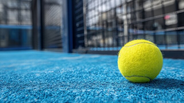 Padel ball on a blue synthetic turf court