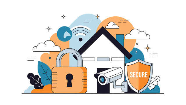 Modern home security and surveillance concept with a house, cctv camera, large padlock, and a protective shield symbol.