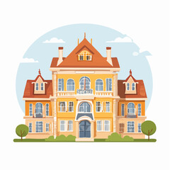 Fototapeta premium Old style house with orange roof and large windows in a simple setting during the day