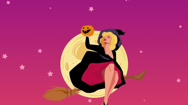 Vector animation of a witch riding a broomstick across the night sky. Silhouette flying past a full moon and twinkling stars. Halloween background, magical loop, and fairytale concept.