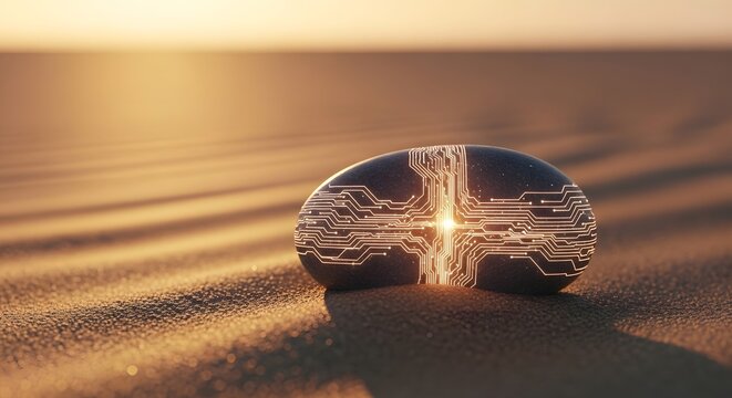 Futuristic digital stone with glowing circuit board patterns, high-tech organic pebble in desert sand, glowing microchip texture on natural rock