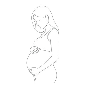 Minimalist continuous line drawing of a pregnant woman profile holding her belly