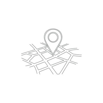 Simple line drawing of a location pin icon on a city street map for navigation