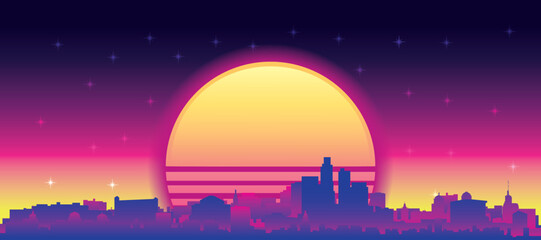 Fototapeta premium Purple generic retro futuristic synthwave panoramic poster of the city skyline with misty background sunset buildings of LOS ANGELES, CALIFORNIA