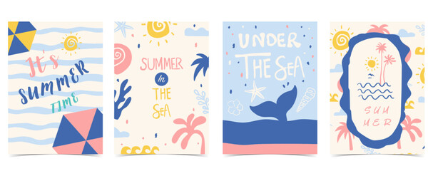 Blue pink Hand drawn Summer Beach Poster Set with Sea whale tail,umbrella,sea for vacation invitation.It’s summer time © piixypeach
