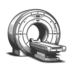 Fototapeta premium MRI scanner with patient table, medical diagnostics, healthcare technology, and hospital imaging equipment sketch engraving generative ai raster illustration. Scratch board imitation. Black and white.