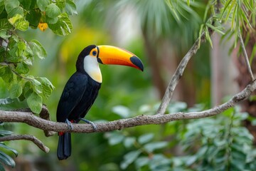Fototapeta premium Toco toucan bird perching on branch in jungle