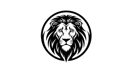 Fototapeta premium Black and white illustration of a lion's head in a circular frame on a white background.