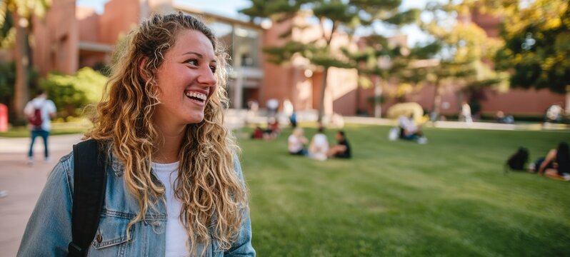 Young Woman Smiling at Camera, Outdoors on Campus