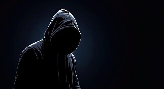 Silhouette of a hooded figure standing in darkness with dramatic lighting conveying mystery anonymity and intrigue isolated on a black background for a moody and intense atmosphere