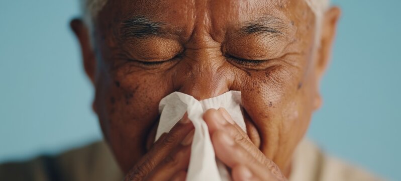 Old Man Coughing, Relieving Sinus Pressure with Tissue