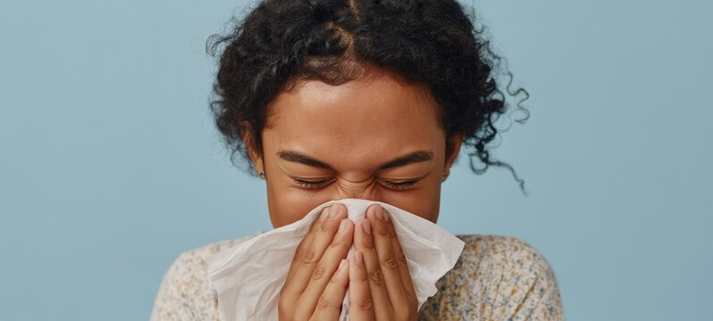 Woman in a blue shirt sneezing with joyful expression.