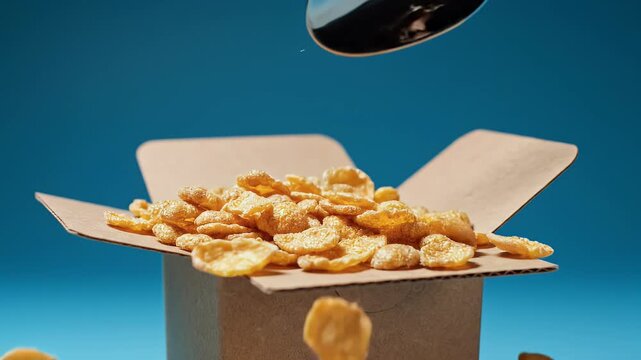 A spoon pours golden cereal into a cardboard box against a blue background