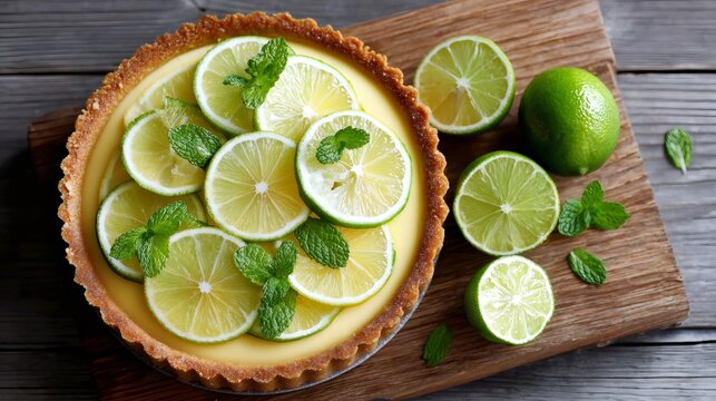 Key lime pie with fresh citrus slices and mint leaves