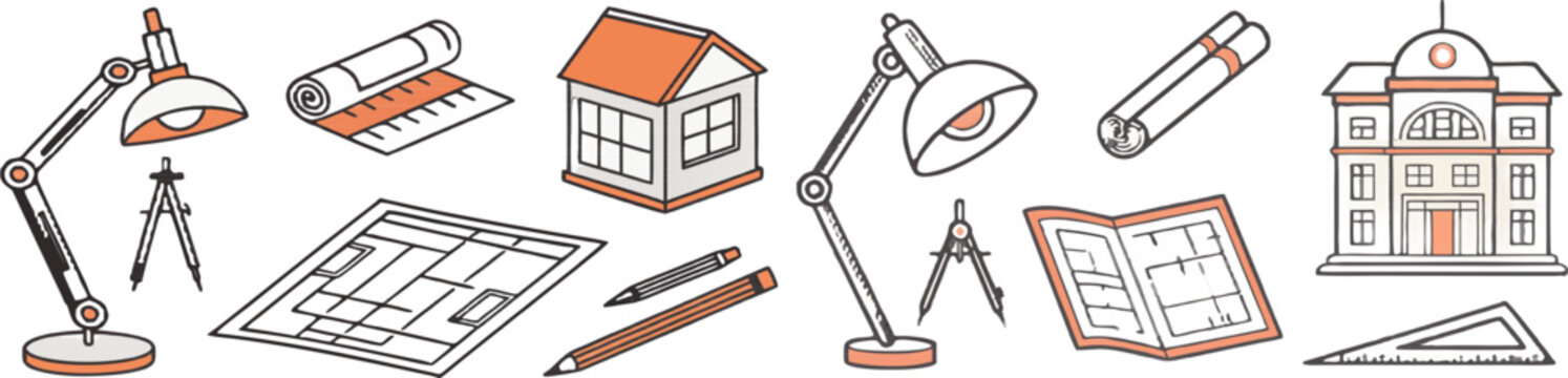 A collection of architectural design tools and icons in a flat, minimalist style