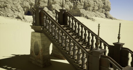 A distinct wooden staircase stands prominently in a desolate area, surrounded by sand and rocks. The intricate design of the railing contrasts with the emptiness of the landscape. © icetray