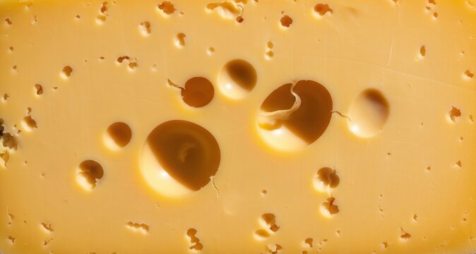Close up texture of yellow swiss cheese with big holes. Emmental or Maasdam cheese macro background. Organic dairy product for healthy breakfast, food industry and culinary design.