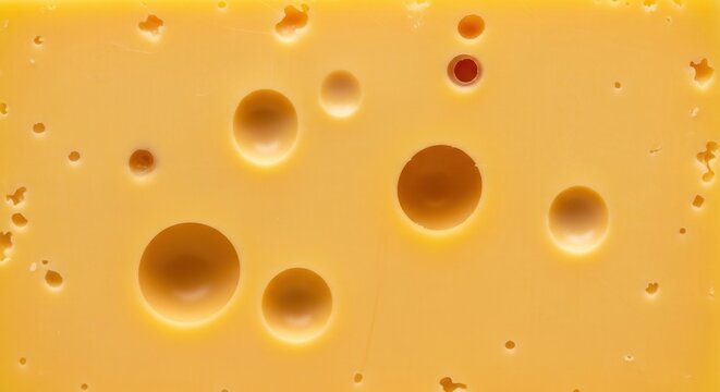 Close up of yellow Swiss cheese texture with large round holes. Gourmet emmental or maasdam cheese background organic dairy product for food industry cooking and healthy nutrition.