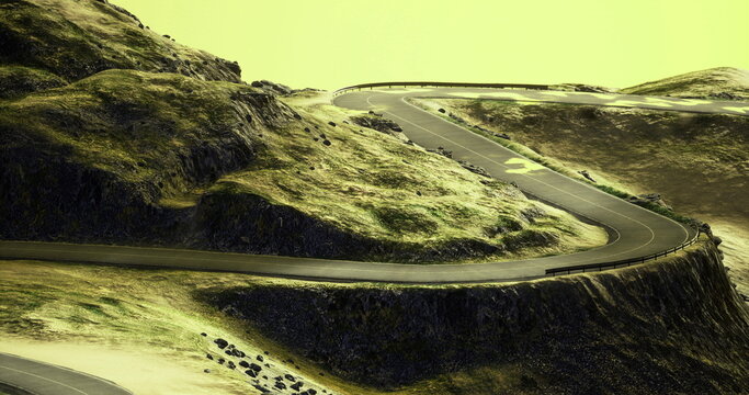 Curved asphalt path navigates steep hills surrounded by verdant grass. Twilight casts a soft glow, creating a tranquil yet dramatic atmosphere, as nature embraces the winding journey.