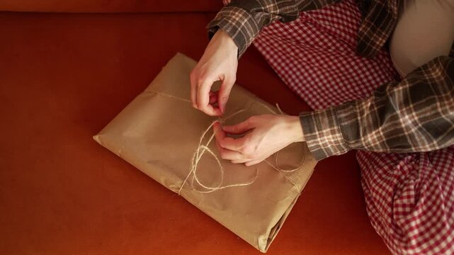 Curious woman in pajamas sitting on a couch unwrapping a surprise gift tied with twine, revealing a handmade yellow empty photo frame, a thoughtful present for a special occasion