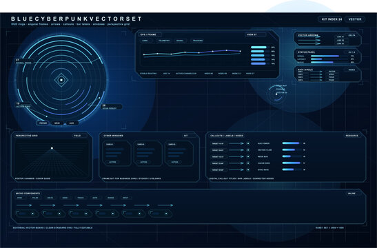 A comprehensive set of blue cyberpunk HUD elements featuring digital