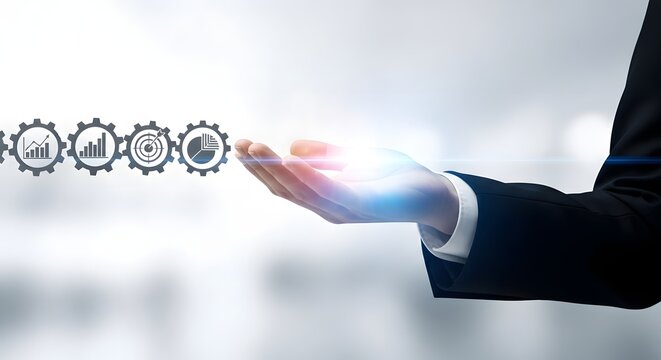 Businessman presenting gears with icons for ai ml and data science