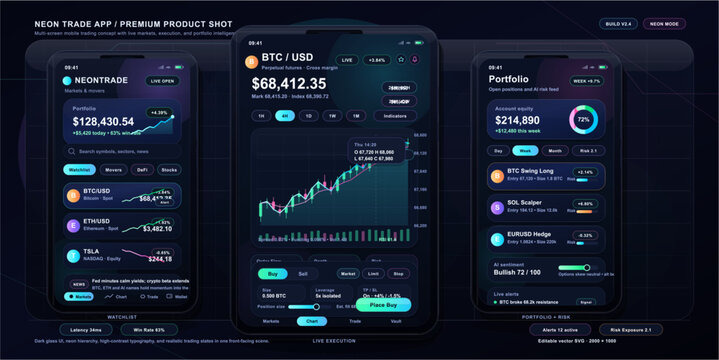 Futuristic mobile trading application interface featuring dark mode