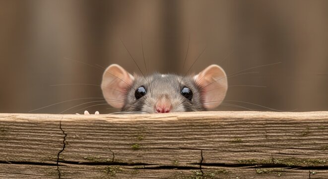 Cute small mouse peeking over wooden fence or edge. Tiny curious rodent with big ears and black eyes looking at camera. Animal wildlife and pest control concept on blurry background.