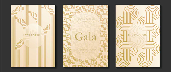 Luxury gala invitation vector template set with gold line art arches, cream background, and elegant art deco geometric patterns. Premium celebration design collection for wedding, anniversary.