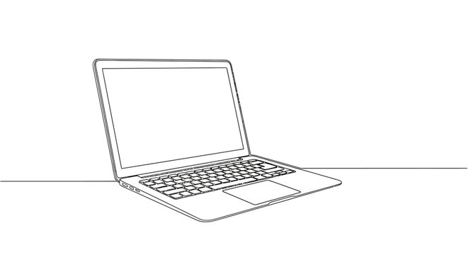 Open laptop computer on desk surface minimalist line drawing