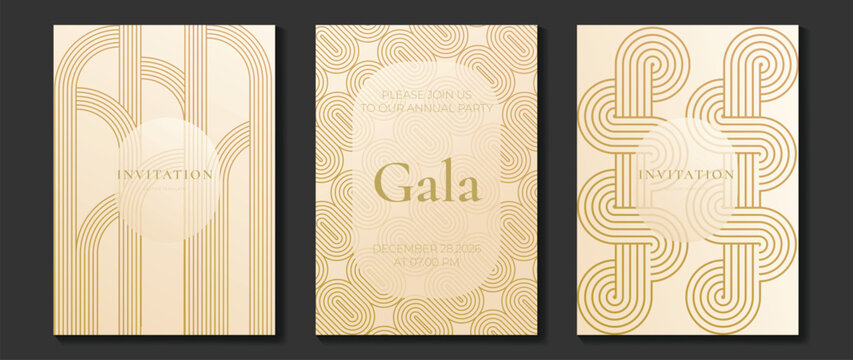 Luxury gala invitation vector template set with gold line art arches, cream background, and elegant art deco geometric patterns. Premium celebration design collection for wedding, anniversary.