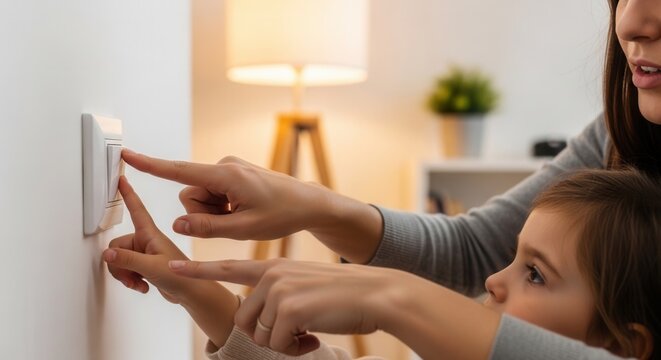 Young mother teaching child to turn off light switch at home. Concept of saving energy, electricity economy, ecology, education, smart home and sustainability. High quality lifestyle.