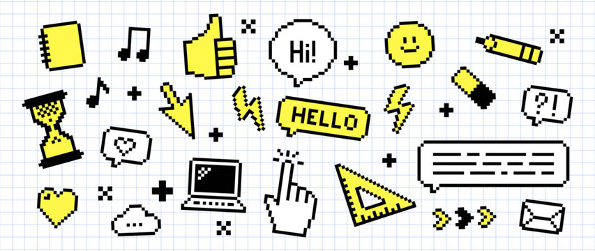 Black yellow pixel icons in retro 8-bit Y2K style. Cool old school digital pack. School and lifestyle elements. Speech bubble, hello, hi text, laptop, lightning, music notes. Fun nostalgic stickers