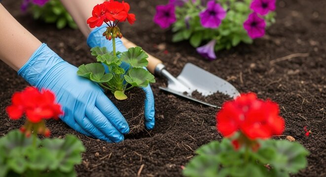 Person in blue gloves planting red geranium flower in garden soil. Gardening process, transplanting spring flowers with small shovel. Hobby, landscape design and spring agriculture.