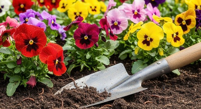 Close up of gardening trowel in soil with colorful blooming pansy flowers. Spring garden work concept, planting viola flowers in backyard. Agriculture, floriculture and hobby theme.