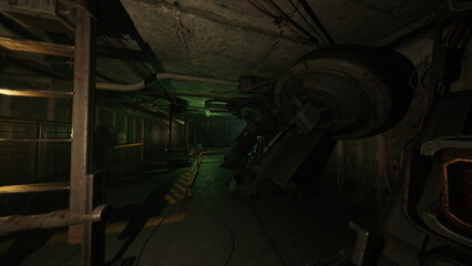 dim industrial power corridor with turbine hum, heavy cables and switch panels line grated walkway, warning signage and yellow markings, steam venting © icetray