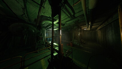 Plakat green industrial corridor with tangled pipes and rusted catwalk, dim lighting casts deep shadows across wet floor and machinery, ventilation ducts overhead, oil
