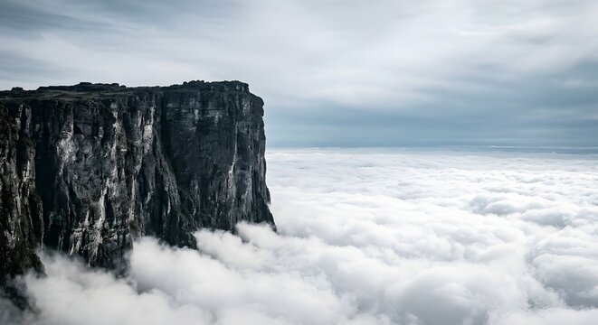 Vertical quartzite cliff and sea of clouds at Mount Roraima