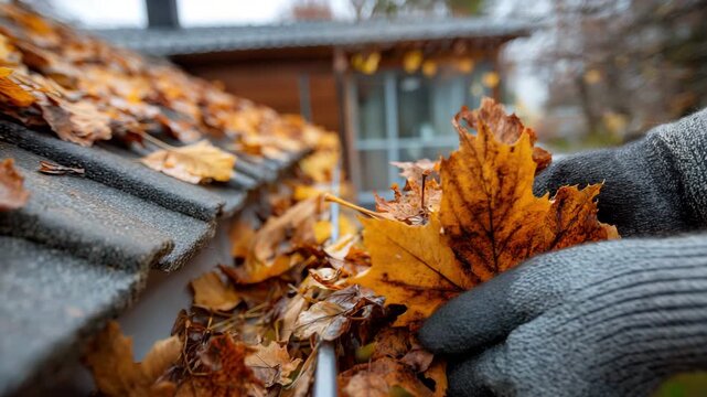 Worker cleaning leaves from roof gutter, autumnal