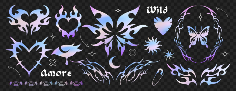 Y2k gothic holographic tattoo vector set. Neo tribal goth metal butterfly sticker, outline psychedelic thorn burning heart, neotribal crying eye, punk rock chains. Hand drawn cyber sigilism emo icons