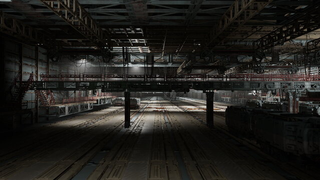 dim diagnostic hangar with trains under automated testing rigs, cables and sensors draped across carriages, controlled cool lighting and technical equipment