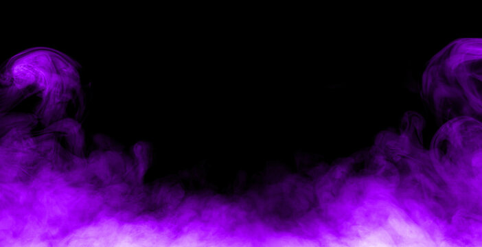 Abstract purple smoke fog overlay isolated on black background, mystical vapor cloud effect with swirling mist texture for cinematic design fantasy atmosphere, neon vapor background and visual effect.